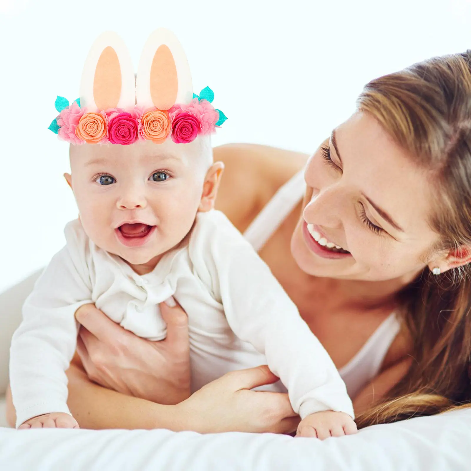 

Пасхальная повязка на голову для детей с дизайном в виде кроличьих ушек и милым цветочным акцентом, мягкий эластичный аксессуар для волос, для девочек, для вечеринок и косплея