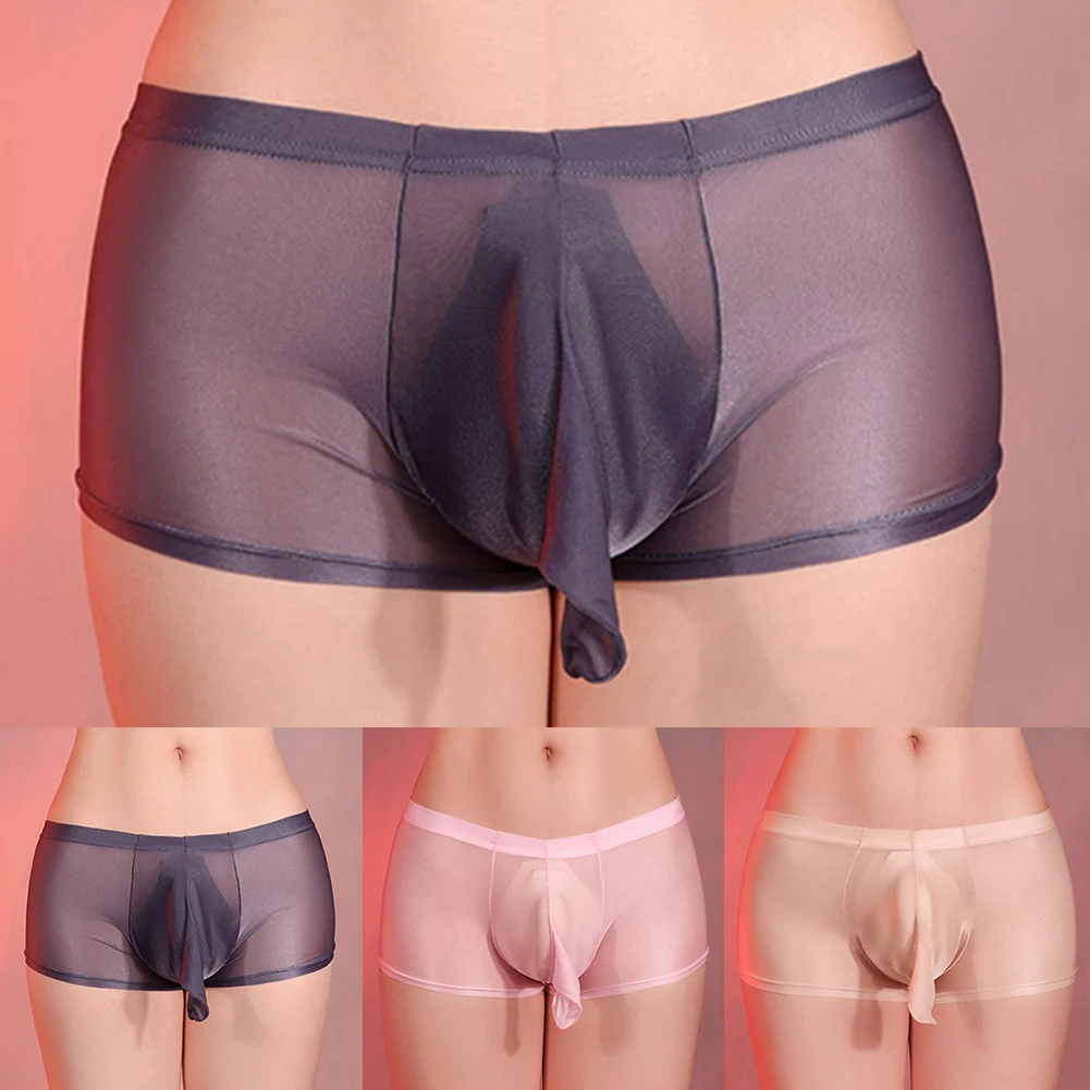 Men Shiny Oily Long Elephant Nose Underpants Low Rise Bikini Briefs Sexy Underwear Panties JJ Sleeve Pouchshorts Man