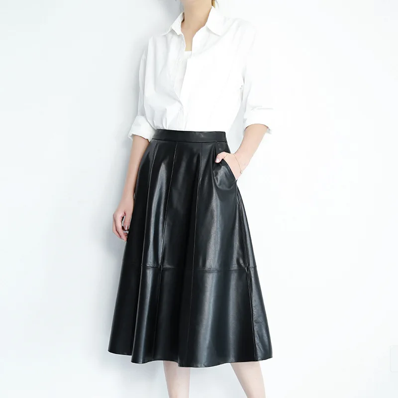 

2023 Autumn and Winter New Simple High Waist Large Swing Three Color Umbrella Skirt Mid Length Skirt Genuine Leather Sheepskin S