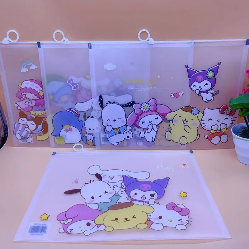 Sanrio-bolsas transparentes para documentos A4, bolsa sellada de almacenamiento de datos, suministros de papelería de aprendizaje para estudiantes,