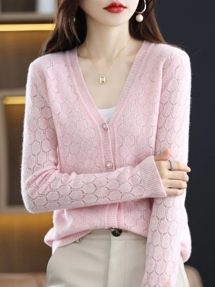 Spring Autumn Women V-neck Cardigan 100% Merino Wool Hollow Solid Long Sleeve Cashmere Sweater New Fashion Female Clothing Top