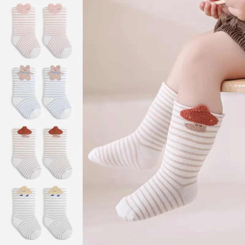 

3 Pairs/Lot Baby Cotton Socks Autumn Children Loose-fitting Mid-calf Socks 0-5T Korean Cartoon Bear Infant Girl Boy Stripe Socks