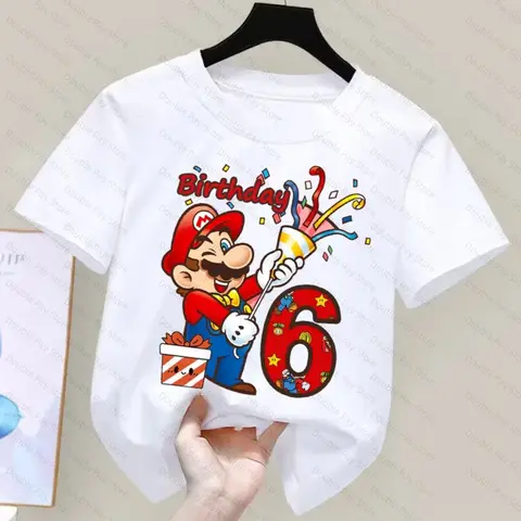 Kids Cartoon Mario Birthday Number T-Shirt for Boys & Girls 3-8 Years, Loose Crew Neck Short Sleeve Casual Summer Tee
