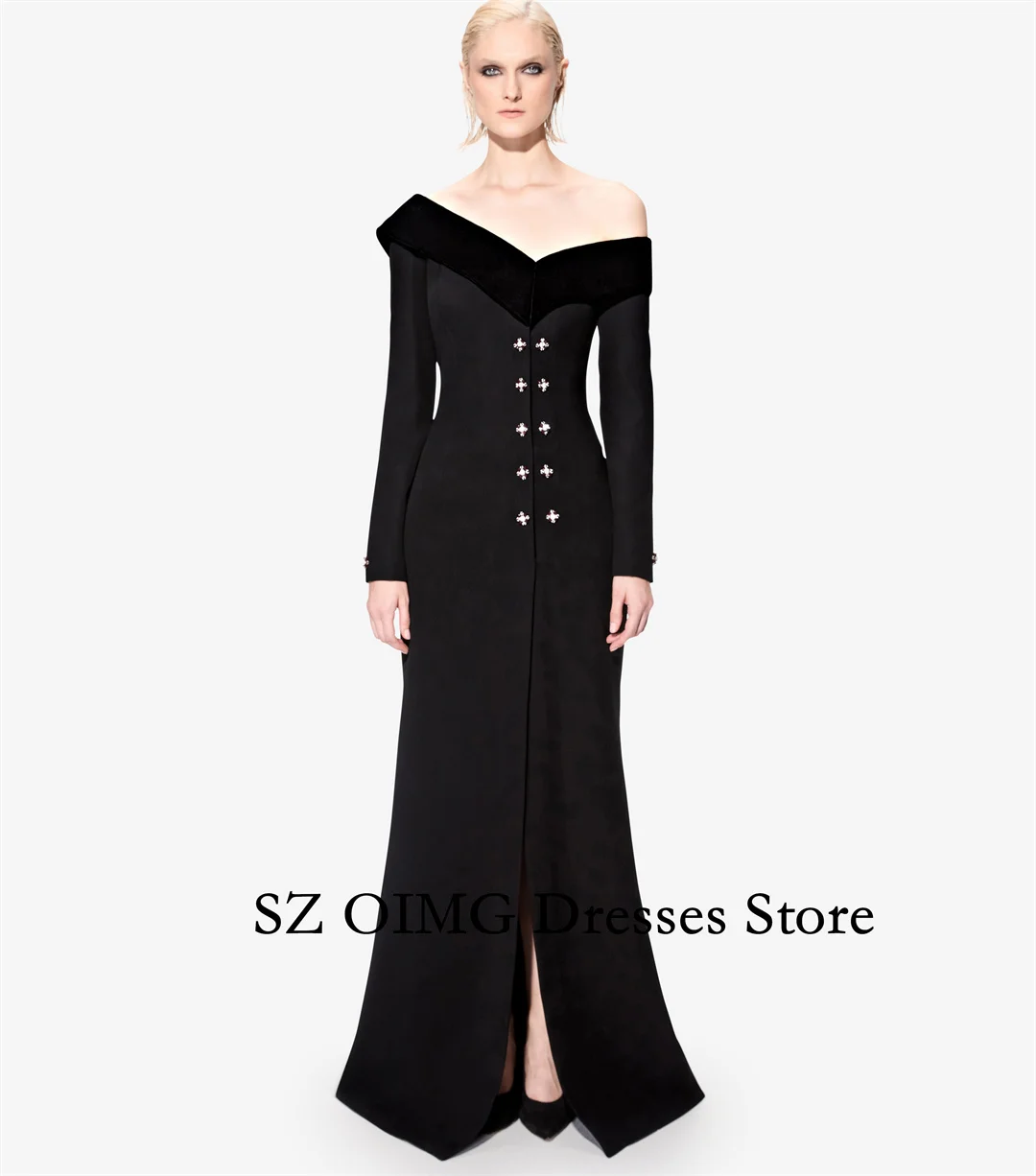 

Colavis Asymmetric Crystal Beaded Dress Black Slit Party Dress Customized Long Sleeves A-Line Crepe Satin Prom Dress Gowns