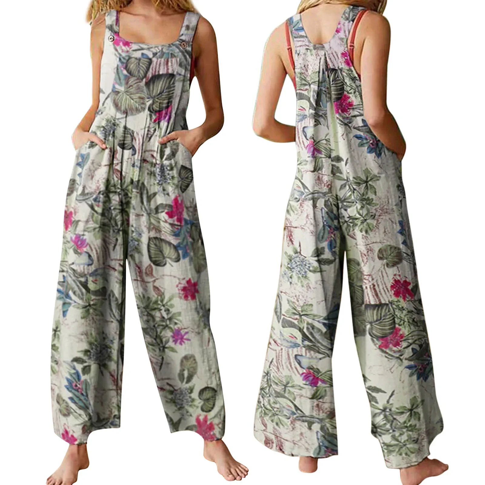 Combhasaki Women's S-3XL Cotton and Linen Jumpsuit Leaf Floral Print Square Neck Sleeveless Casual Loose Overalls with Pockets