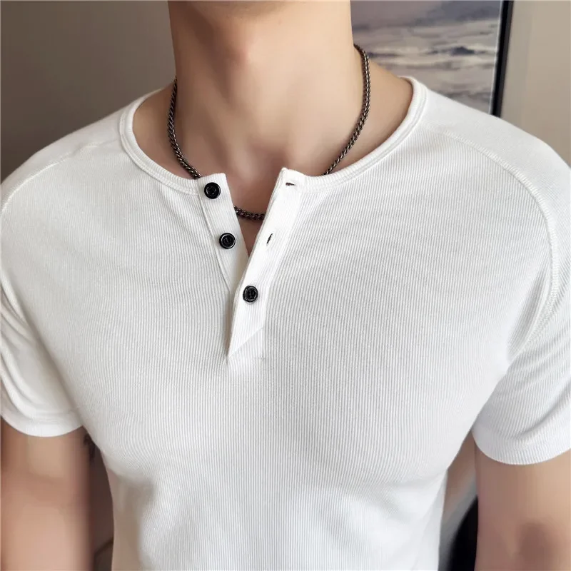 Men's Slim Fit Henley T-Shirt - Summer Short Sleeve Rib Knit Gym Workout Top | Stretchy Bodybuilding Muscle Tee for Fitness view 3