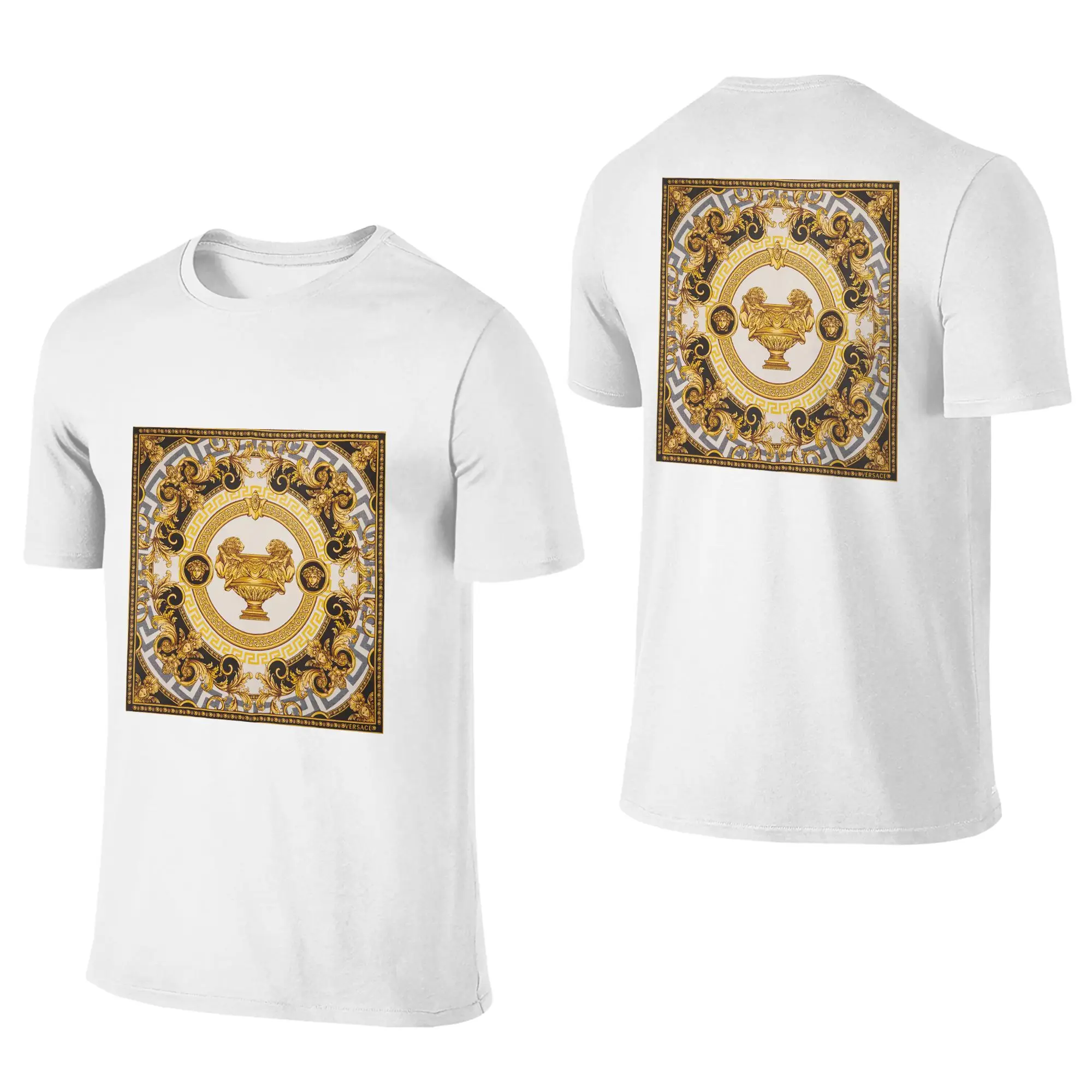 100% Cotton Decorative Golden Medallion Baroque T-Shirt Men's Double Sided T Shirt Men Round Neck Summer Shirts Tops S-6XL