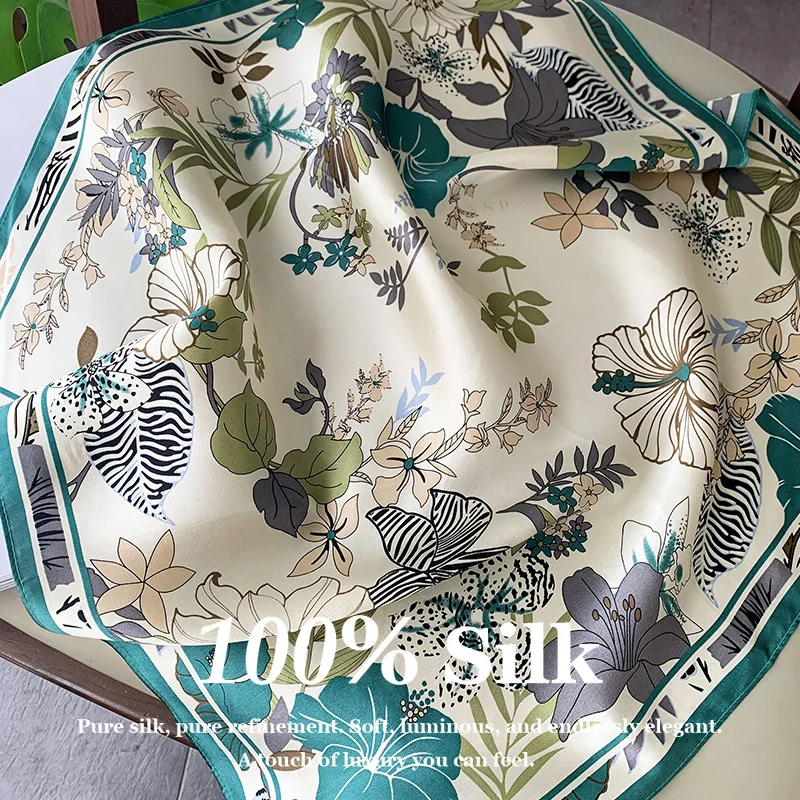 

53x53cm 100% Real Silk Scarf Small Square Bag Accessory Foulard Silk Vintage Floral Elegant French Style Women Fashion Hairband