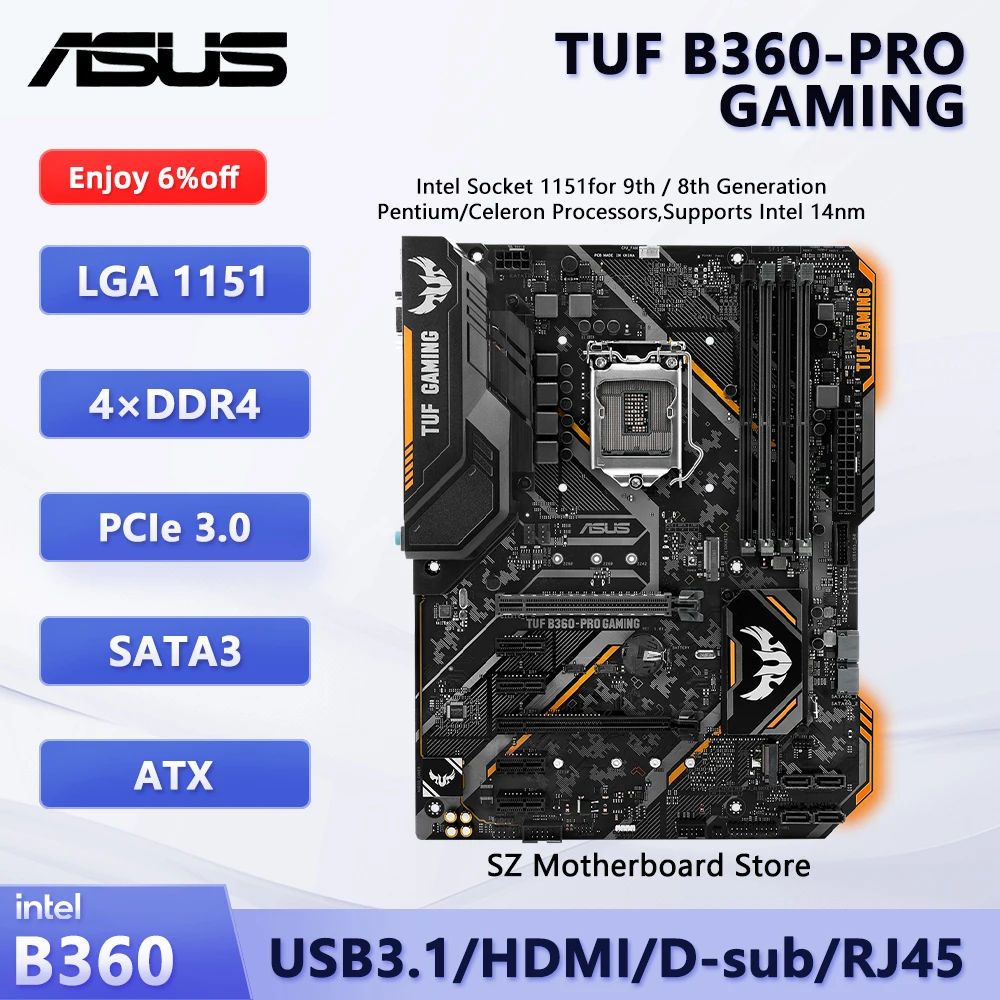 

ASUS TUF B360-PRO GAMING LGA 1151 ATX Motherboard B360 For Intel Core i9-9900K i5-8500 i3-8100 DDR4 2×USB3.1 Gen2 SATA III M.2
