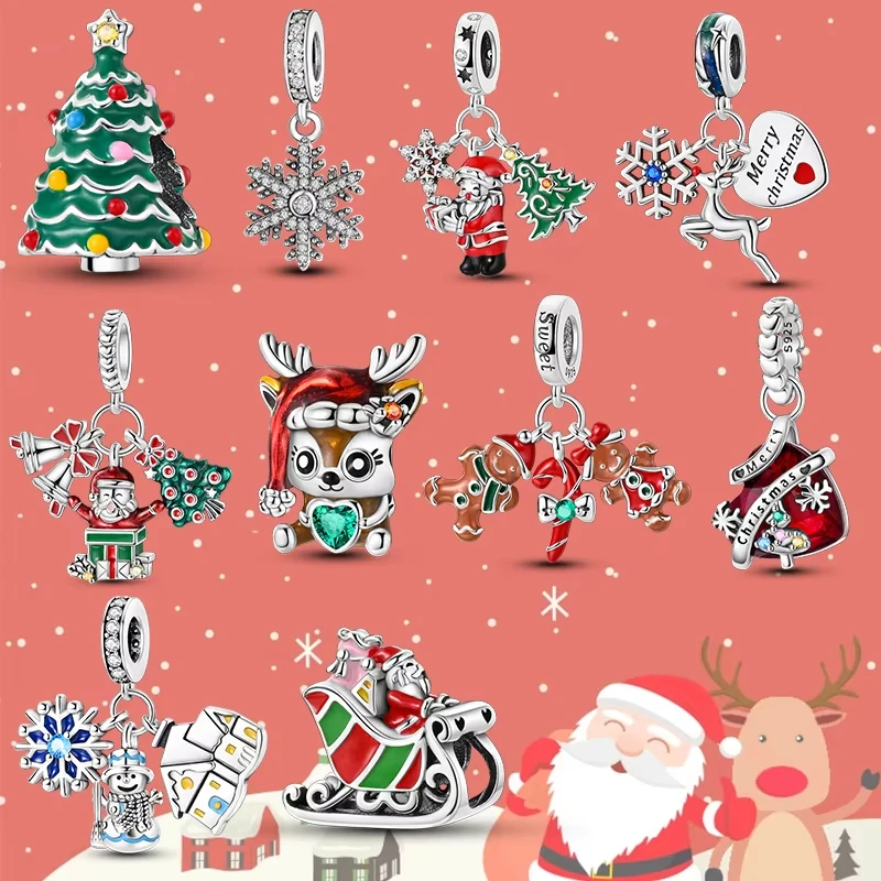 

925 Sterling Silver Christmas Charm Beads Fit Original Bracelet Dangle Women DIY Jewelry Christmas Gifts