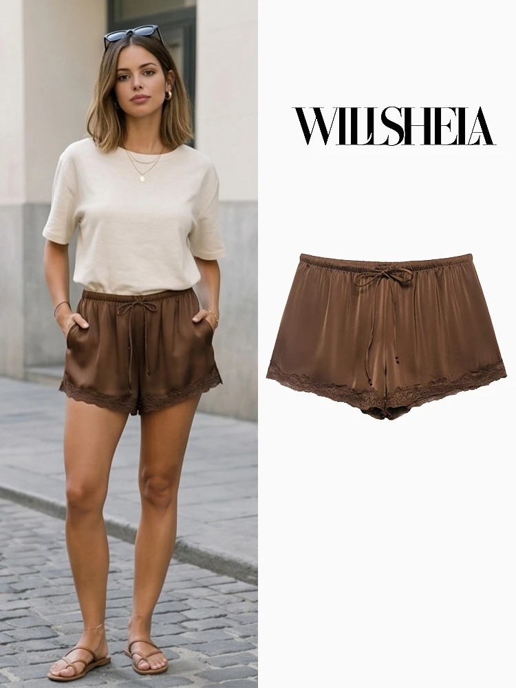 

Женские модные однотонные мини-шорты Willshela с кружевным подолом и завязками, винтажные женские шикарные шорты с высокой эластичной талией