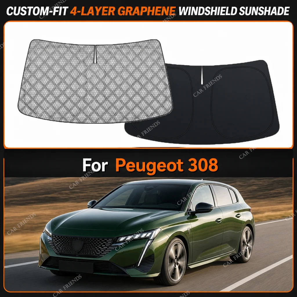 For Peugeot 308 Custom-Fit 4-Layer Graphene Windshield Sunshade Reflective Gray-Silver Surface Helps Reduce Direct Sunlight