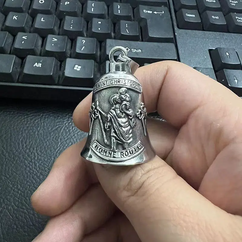 Campana de la Suerte de San Cristóbal Estilo Punk Vintage, Campana Protectora de Acero Inoxidable para Motociclistas