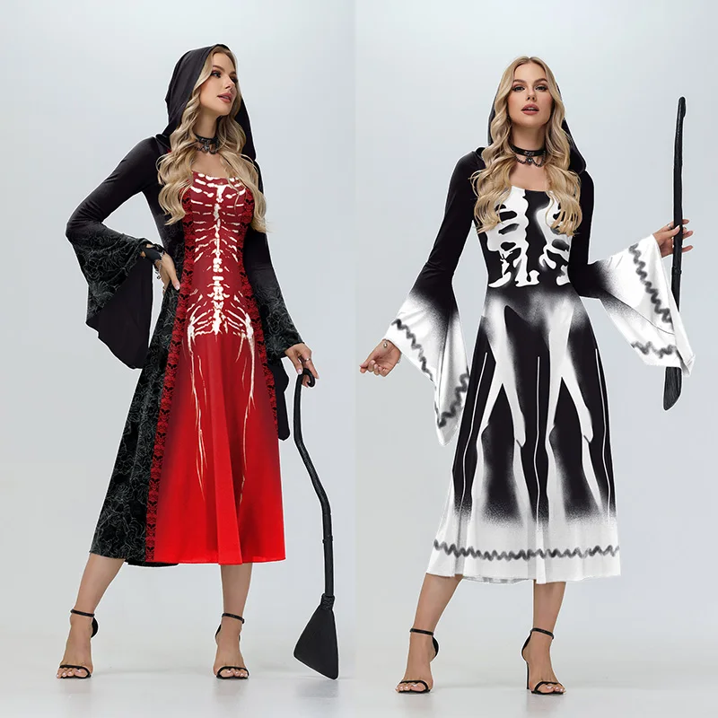 

Gothic Hooded Dresses Women Long Sleeved Gown Vampire Cosplay Dress Fancy Outfit Party Dresses Female Stage Medieval Robe