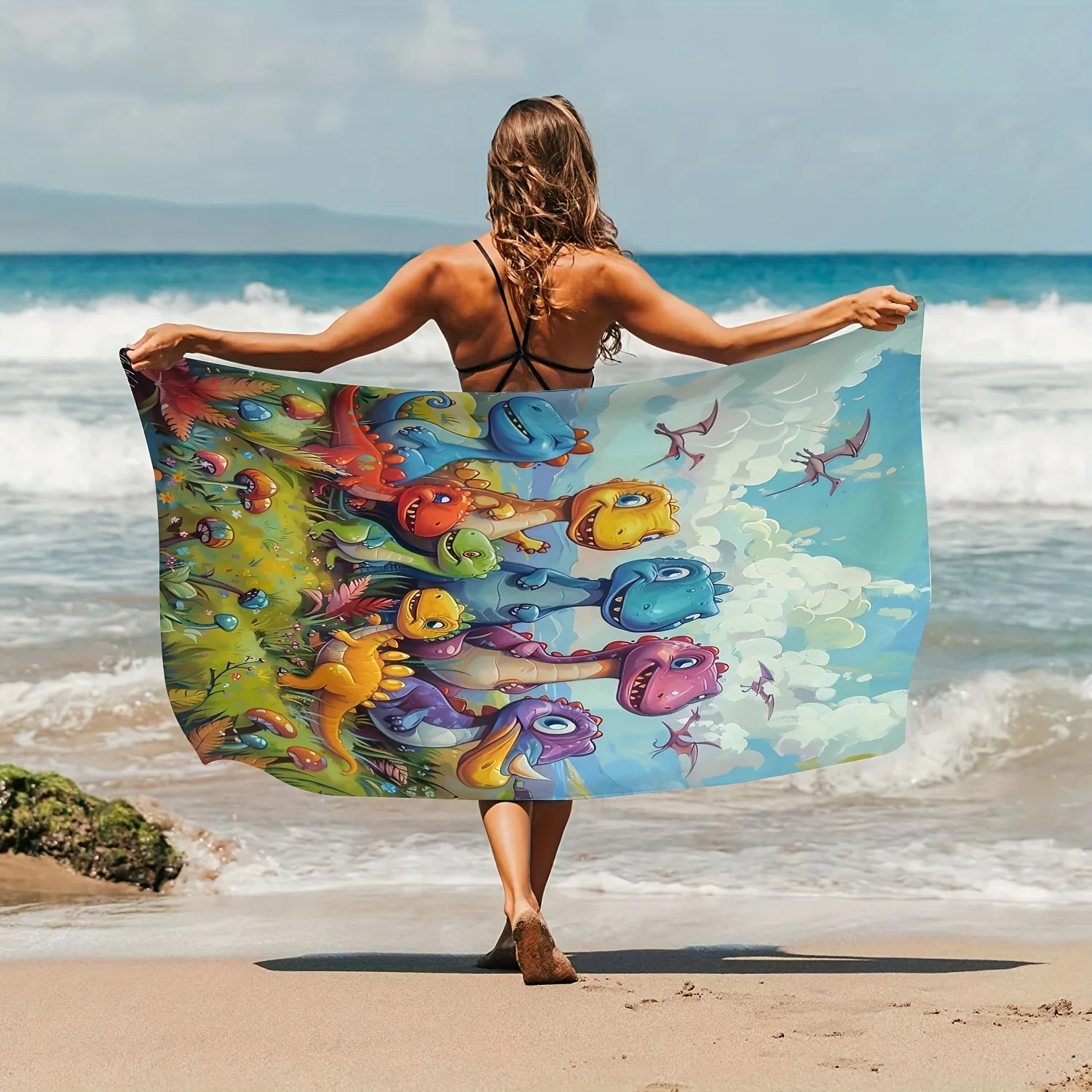 Colorful Cartoon Dinosaurs Beach Towel Patterned Sunscreen And Windproof Suitable For Swimming Pool Camping Travel Blanket
