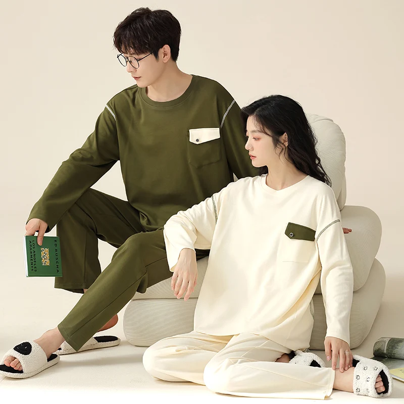 Couple style men and women's pajamas spring and autumn cotton round neck chest personalized pocket decoration autumn casual set