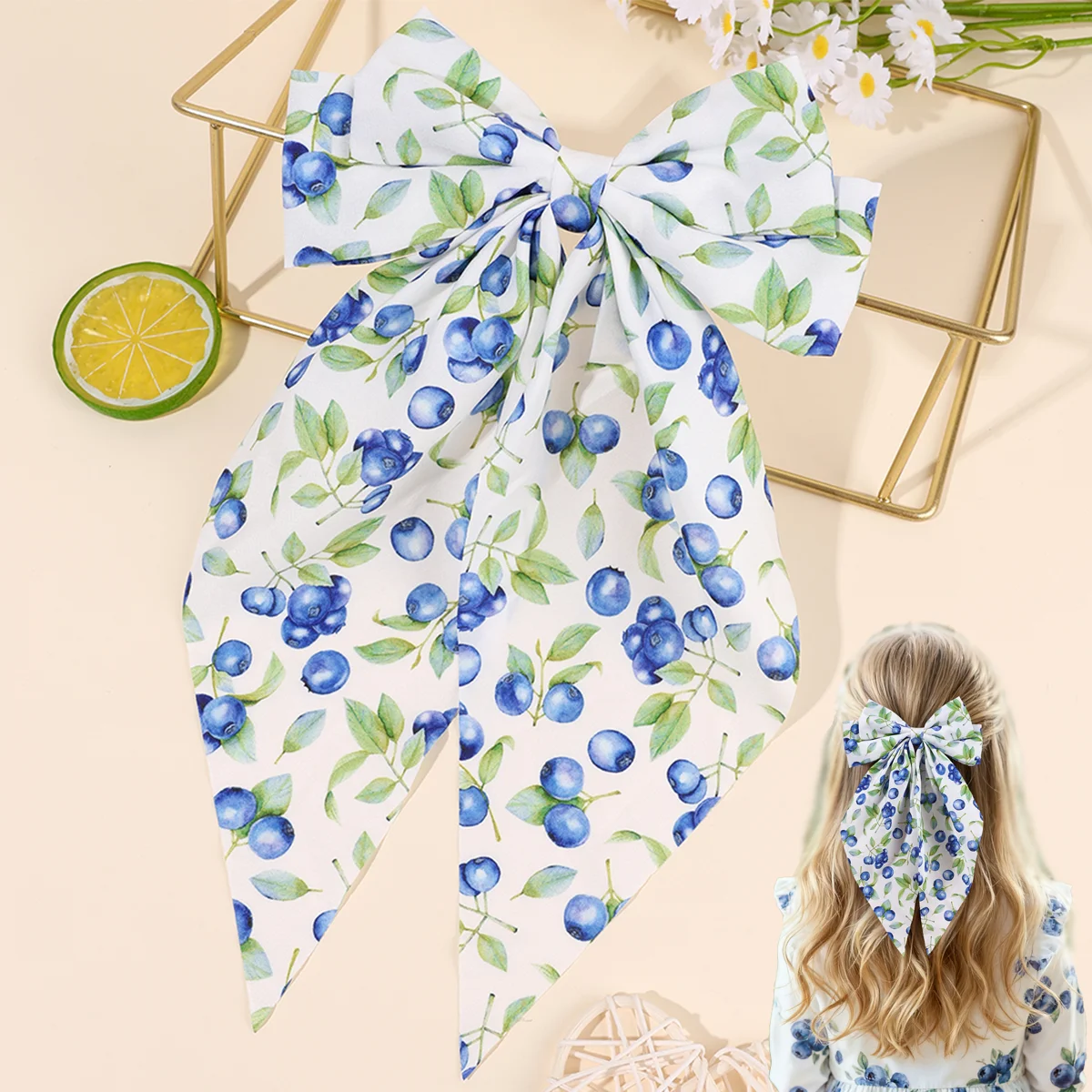 Nueva pinza para el pelo con lazo de arándanos para niñas, horquillas con estampado de frutas y flores, pasador grande de satén dulce, accesorios para la cabeza para mujer