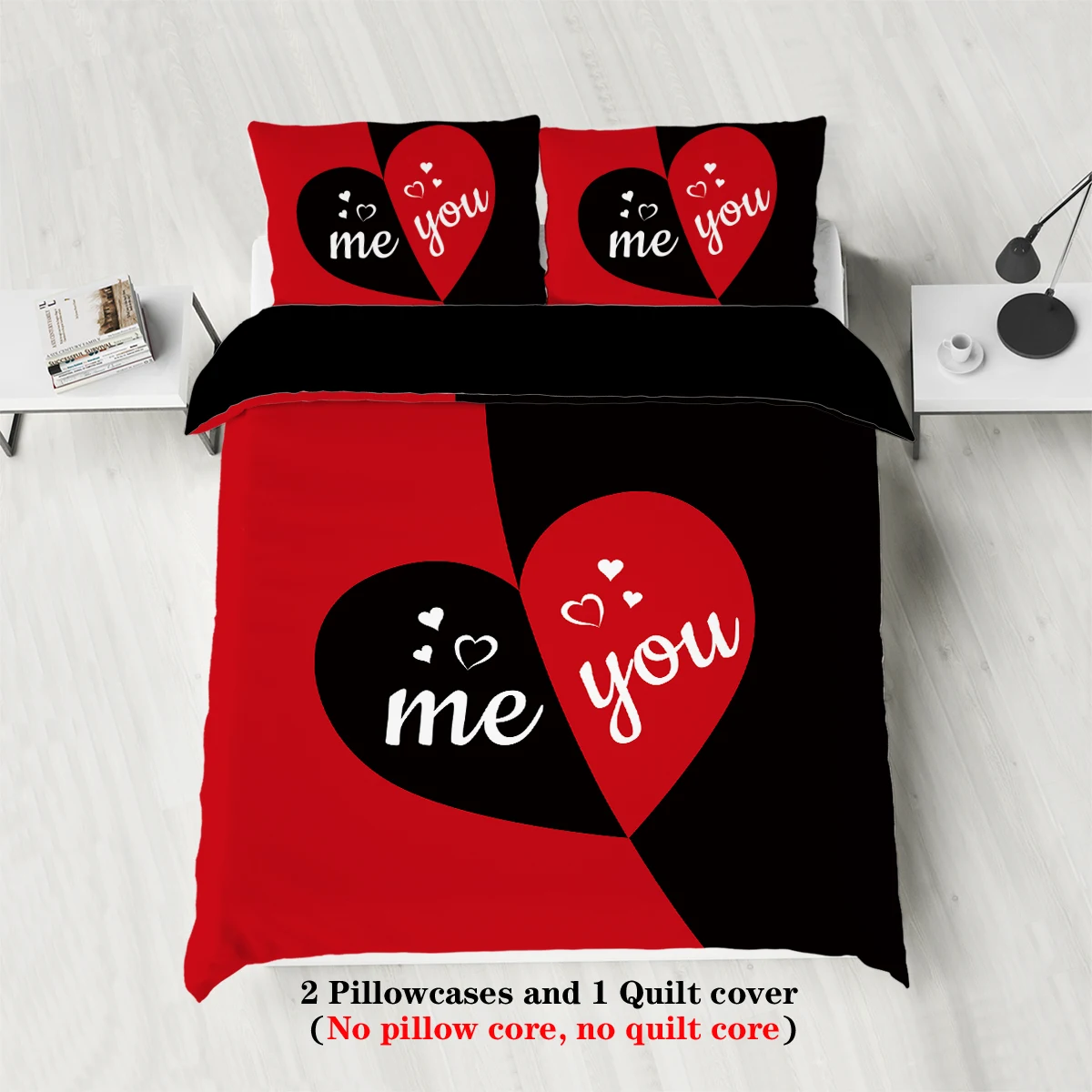 3-piece set, red and black ME and YOU letters pattern printed bedding set, for bedroom, hotels, queen, king, double bed