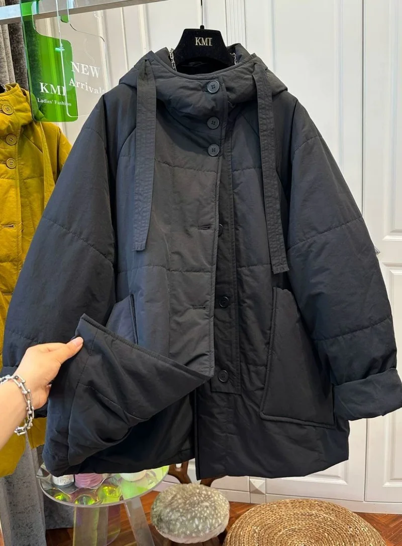 Women's Plus-Size Hooded Cotton Jacket Autumn Winter Warm Thickened Outerwear Single-Row Button Medium-Length Loose Coat