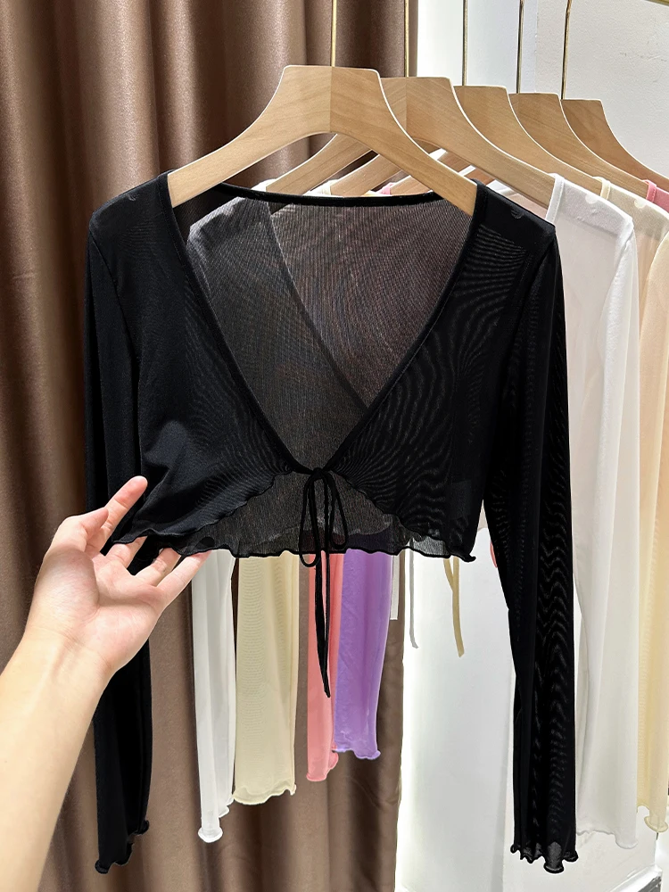 

Женский кардиган из ледяного шелка с длинными рукавами, ажурный дизайн, с поясом, летний, для носки поверх одежды