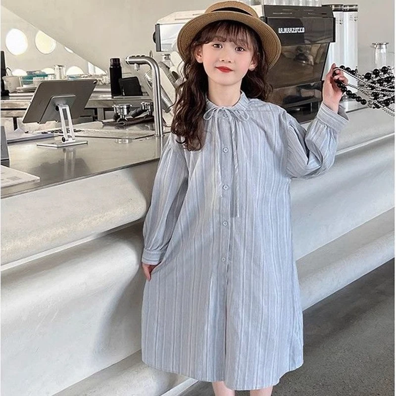 6-14Years Teens Shirt Dresses for Girls Long Sleeve Striped Dress Clothing Big Girls Shirt Elegant Dress Outfits 7 8 9 1 0 11 12