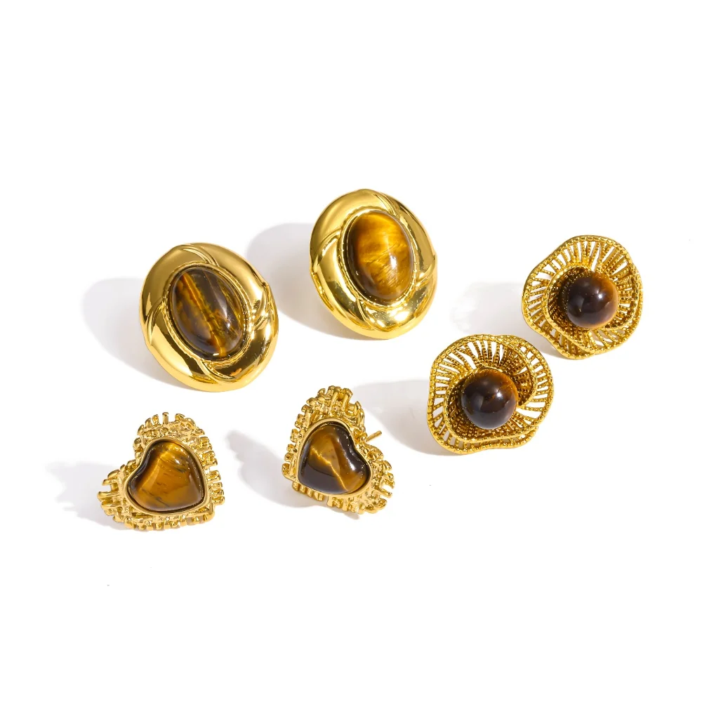 Geometrische Herzförmige Naturstein-Tigerauge-Ohrringe für Damen, Wasserdichte Vergoldete Edelstahl-Ohrstecker, Schmuck – Detail 4