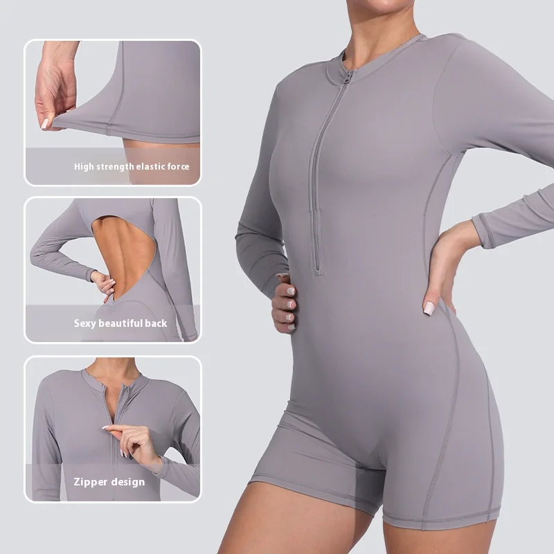 Set da yoga a maniche lunghe con cerniera sexy da donna tuta intera da palestra allenamento corto fitness push up tuta sportiva tuta sportiva sportiva