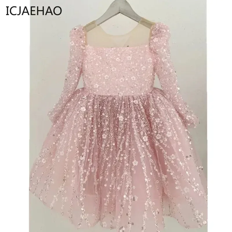 ICJAEHAO Children Birthday Evening Party Matching Girls Elegant Shinny Sequin Princess Ball Gown Long Sleeve Formal Dresses Kids