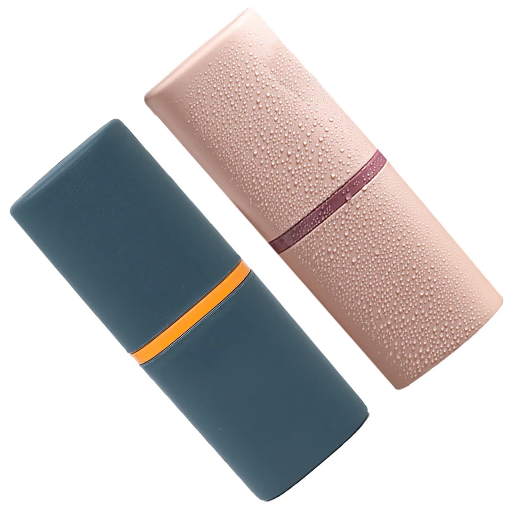 2Pcs Portable Toothbrush Case Two-in-One Washing Cup Durable Compact Travel Toothbrush Storage Container for Home Dark Blue Pink