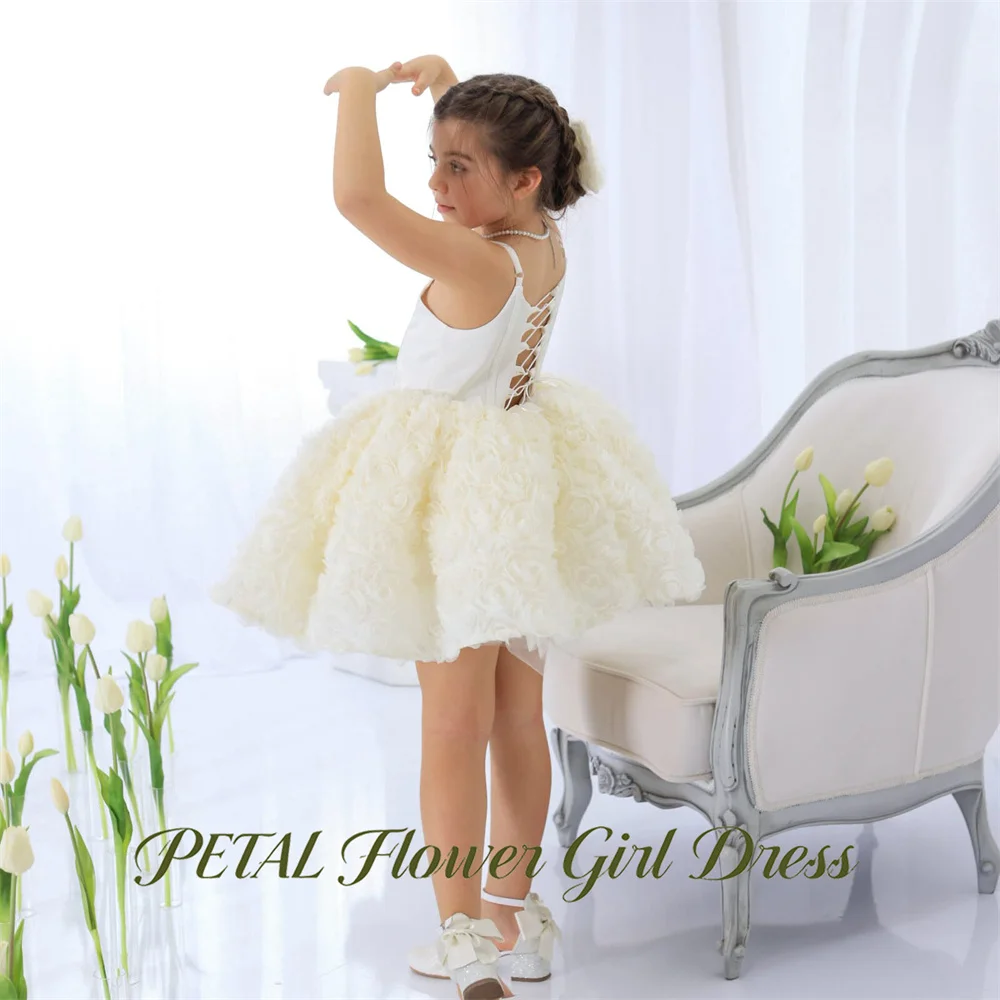 Petal Ivory First Communion Gown Square Neck Girls Princess Dress Spaghetti Straps Evening Party Dress for Girls Customized