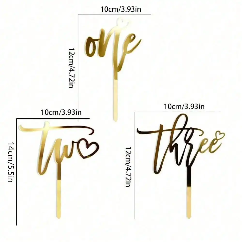 3pcs New Gold Acrylic One Two Three Baby Shower Cake Topper for Baby Kids Birthday Party Supplies Cake Decorations