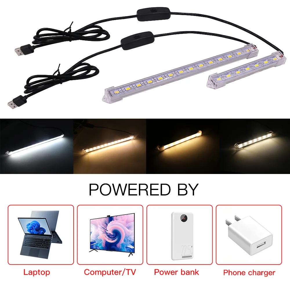 Barra de luz LED alimentada por USB, CC, 5V, SMD5630, tira rígida, cálida, Natural, fría, blanca, tubo de lámpara, 10CM, 20CM, 50CM, luz de armario