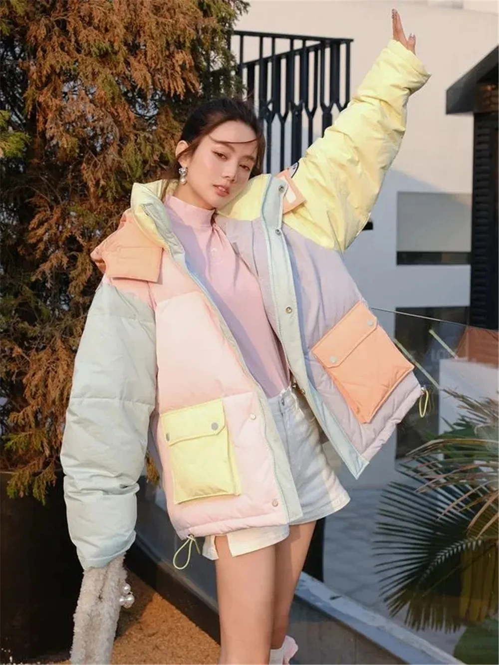 Winter Fashion Women Patchwork Puffer Jacket Hooded Thick Color Casual Down Coats Female Warm Spliced Parkas 2024 New Big Pocket