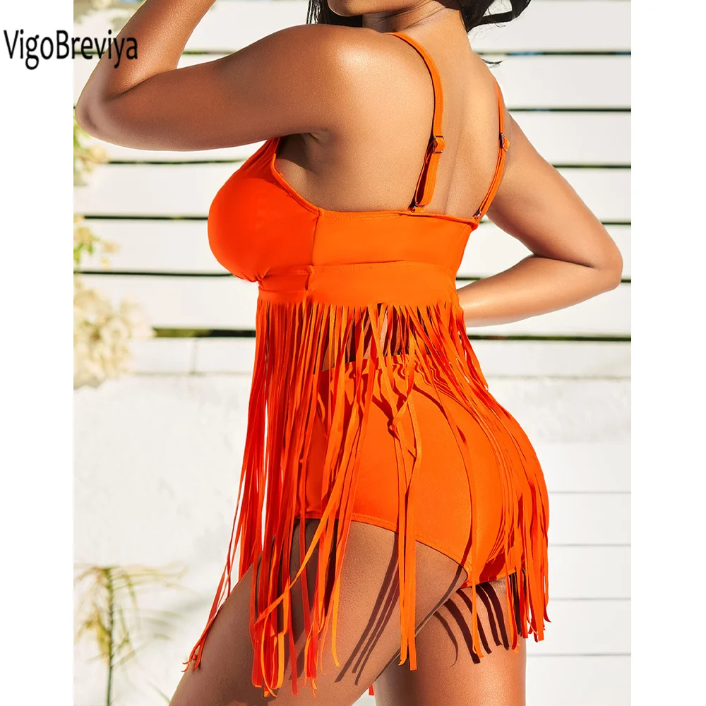 VigoBreviya 2024 Solid V Neck Strapped Tassel Swimwear Women Sexy High Waist Bikini Push UP Swimsuit Summer Beack Bathing Suit