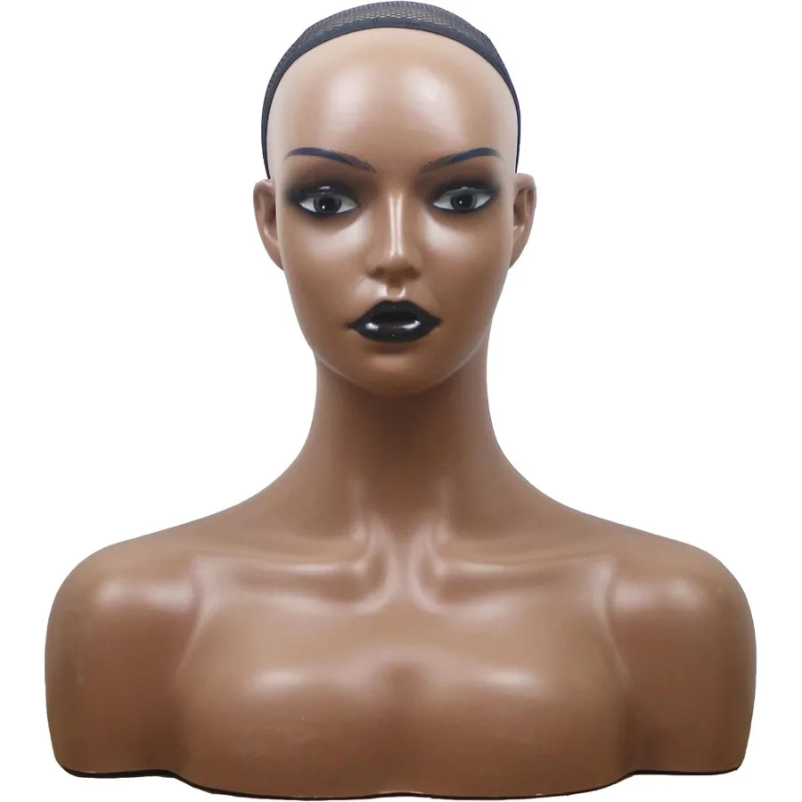 

Realistic Mannequin Head Wig Head with Shoulders Display Stands for Wig Hat Scarf Pendant Sunglasses in Dark Brown with Black L