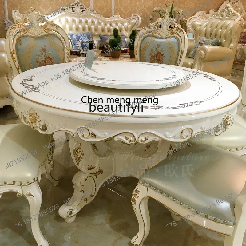 

178French round dining table solid wood piano paint table pearl white belt turntable dining table2936