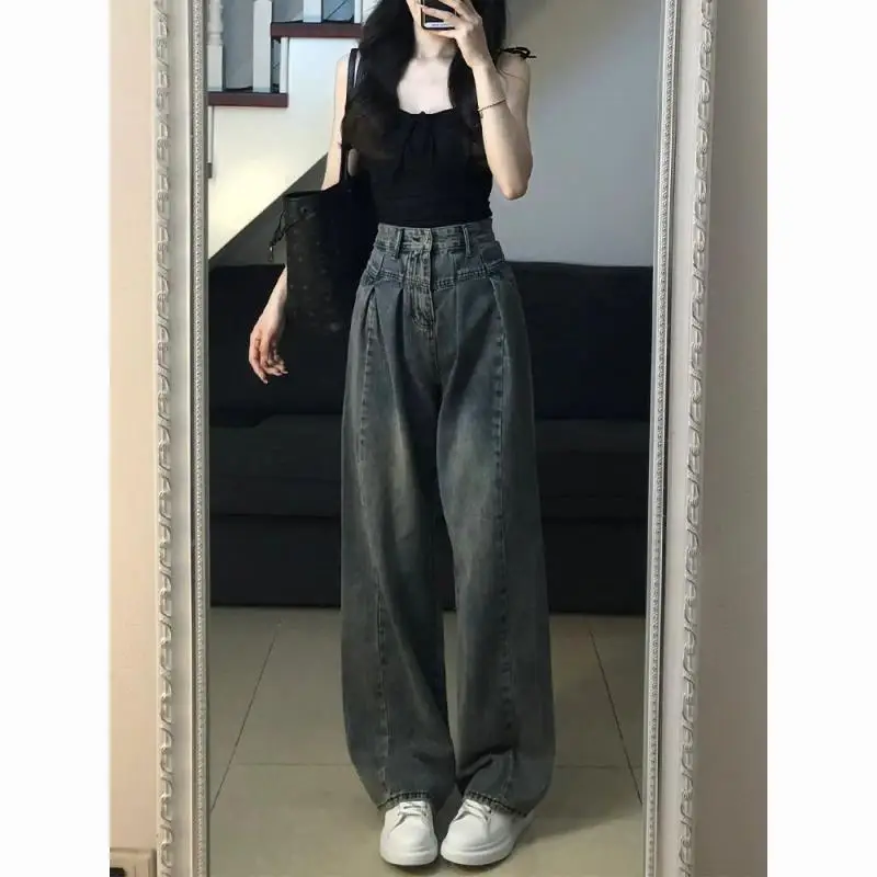 

New Fashion Washed Old Wide-leg Jeans Women's Korean Version High Waist Thin Design Sense Straight Tube Mopping Pants Ins Tide