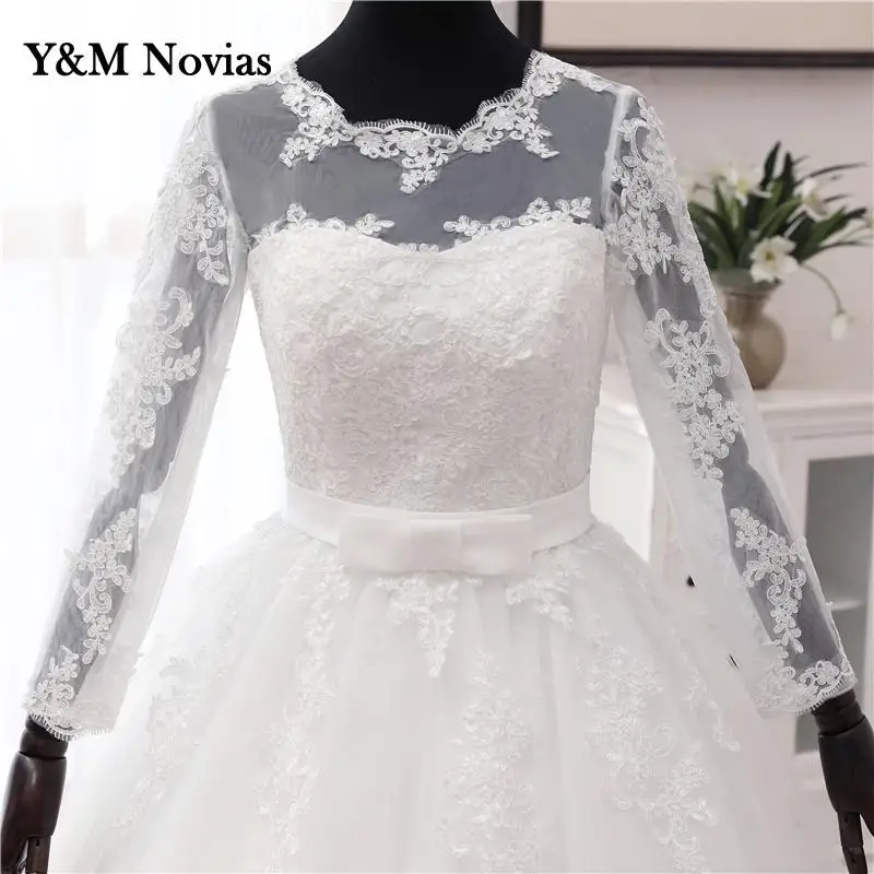 Винтажное свадебное платье Y & M Novias с круглым вырезом, цвет слоновой кости, с длинным рукавом, бальное платье для невесты, фото реального товара