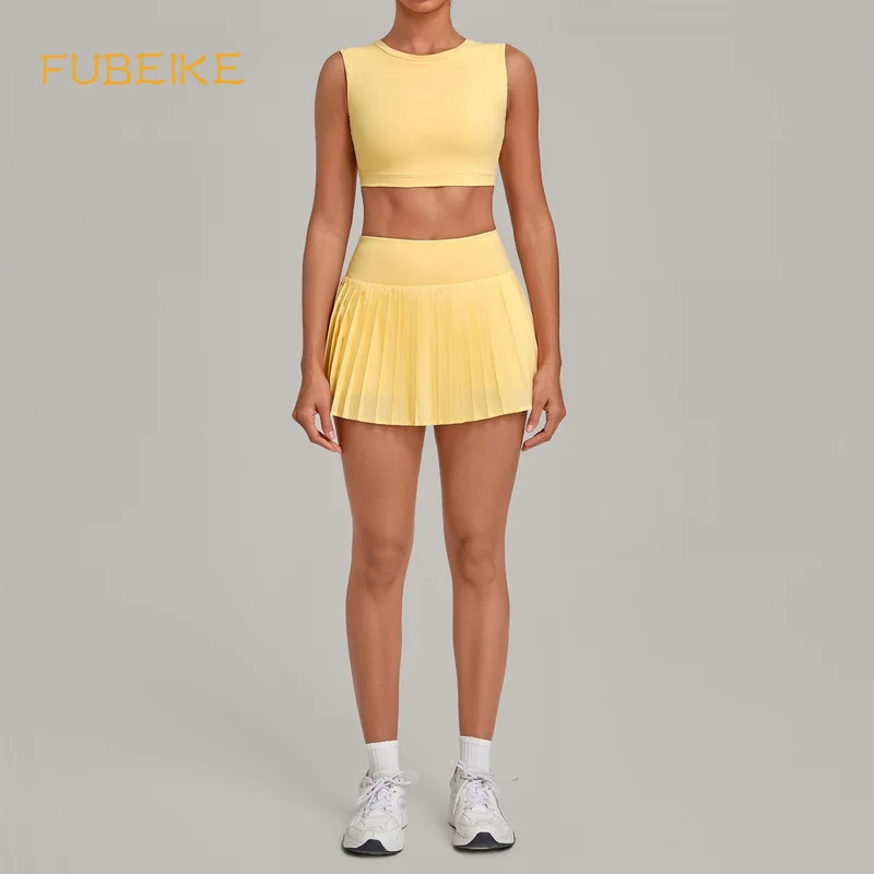 Women Autumn Tennis Sportswear Two‑Piece Set Breathable Sleeveless Tank Top High Waist Pleated Tennis Skort Gym Active Wear