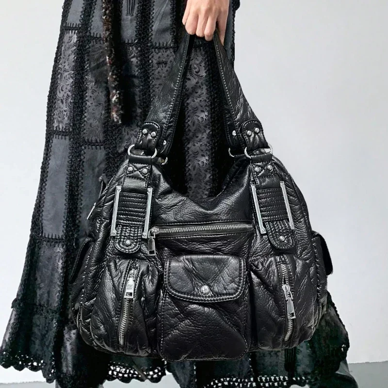

Women's Fashion Y2K Hot Girl Distressed Tote Bag Multi-Pocket Washed Vegan Leather Shoulder Bag