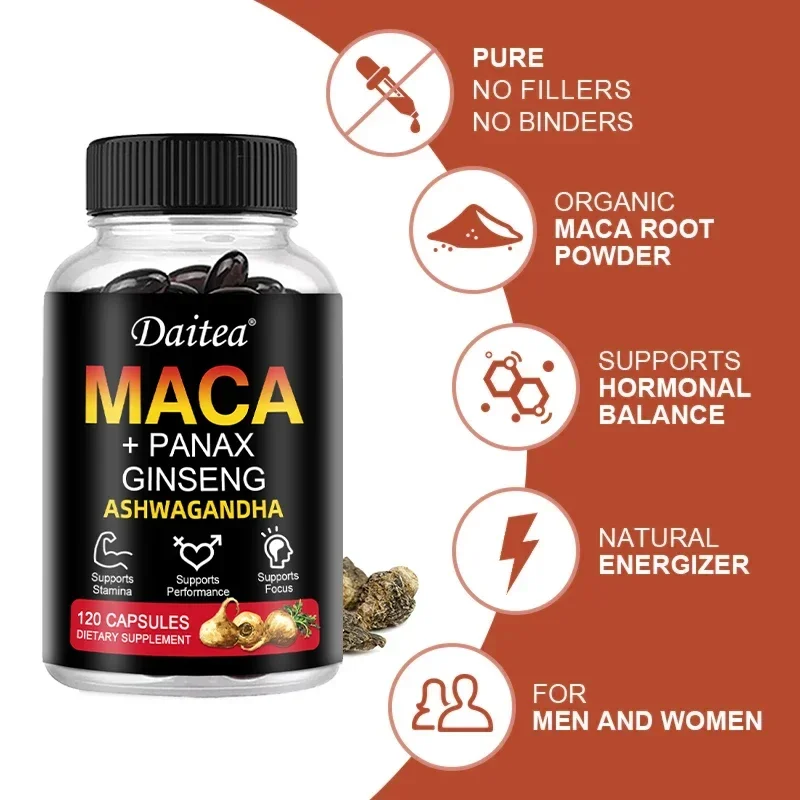 Maca Root Cápsulas com Extrato de Ginseng Vermelho, Suporta Energia, Resistência e Desempenho, Maca Negra