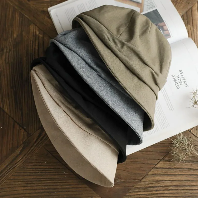 Japanese Cotton Linen Pleated Women Bucket Hat Small Brim Summer UV Resistant Breathable Retro Artist Basin Hat Ladies Berets