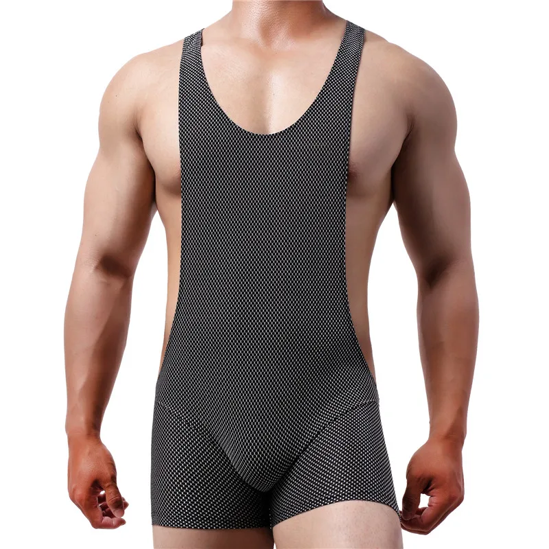 Sexy Mens Stretch Breathable Bodysuit Sport Gym Fitness Jumpsuit Bulge Pouch One Piece Leotard Wrestling Singlet Gay Underwear