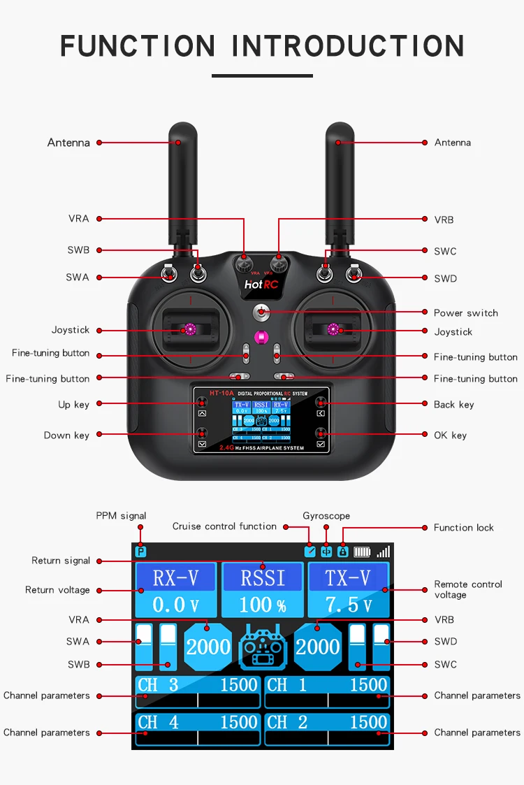 HOTRC HT-10A PWM 송신기 F-10A 10 채널 리시버 라디오 시스템 리모컨, RC 비행기 FPV 레이싱 드론용, 10CH 2.4G