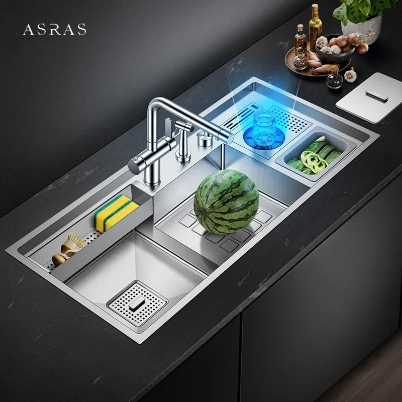 ASRAS Large Size Cup Rinser kitchen Sink 220mm Depth 4mm Thickness Handmade SUS 304 Stainless Steel kitchen Sinks With Trash Can