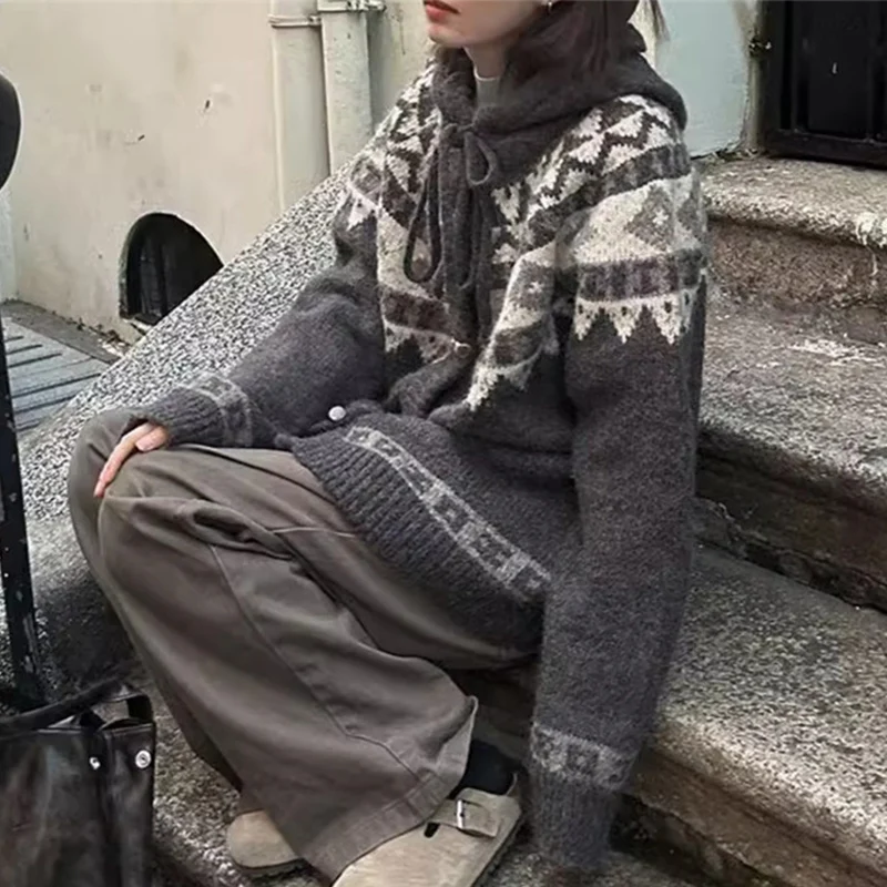 빈티지 페어 아일 니트 가디건 여성 일본 스타일 혼 버튼 스웨터 코트 여성 루즈 후드 롱 슬리브 가디건 여성용