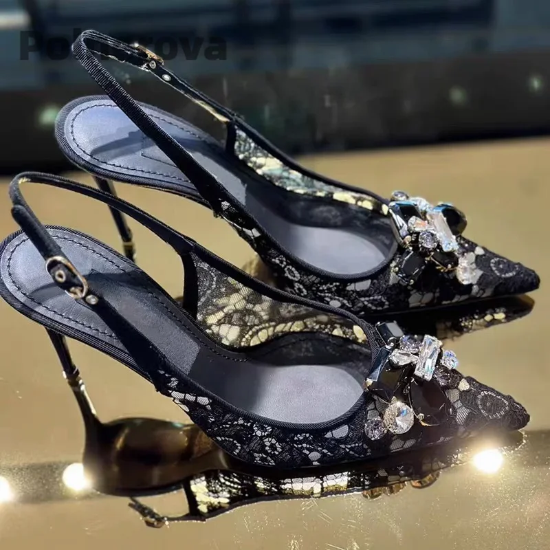 

Черно-белые кружевные сандалии на высоком каблуке для женщин, сетчатые туфли с кристаллами и бриллиантами, банкетные туфли, летние сандалии с острым носком