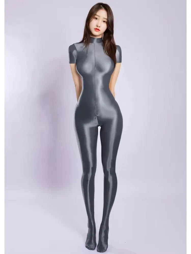 

New Shiny Short Sleeve Nylon Bodystocking Catsuit Zipper Crotch Bodysuit Elastic Jumpsuit Tights Fitness Leotard Conjoined Body