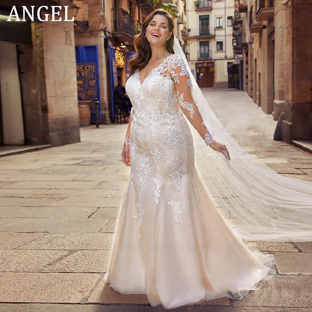 

ANGEL Customized Exquisite Plus Size Wedding Dresses Mermaid V-Neck Backless Bridal Gown Lace Appliques Vestido de Novias Boda