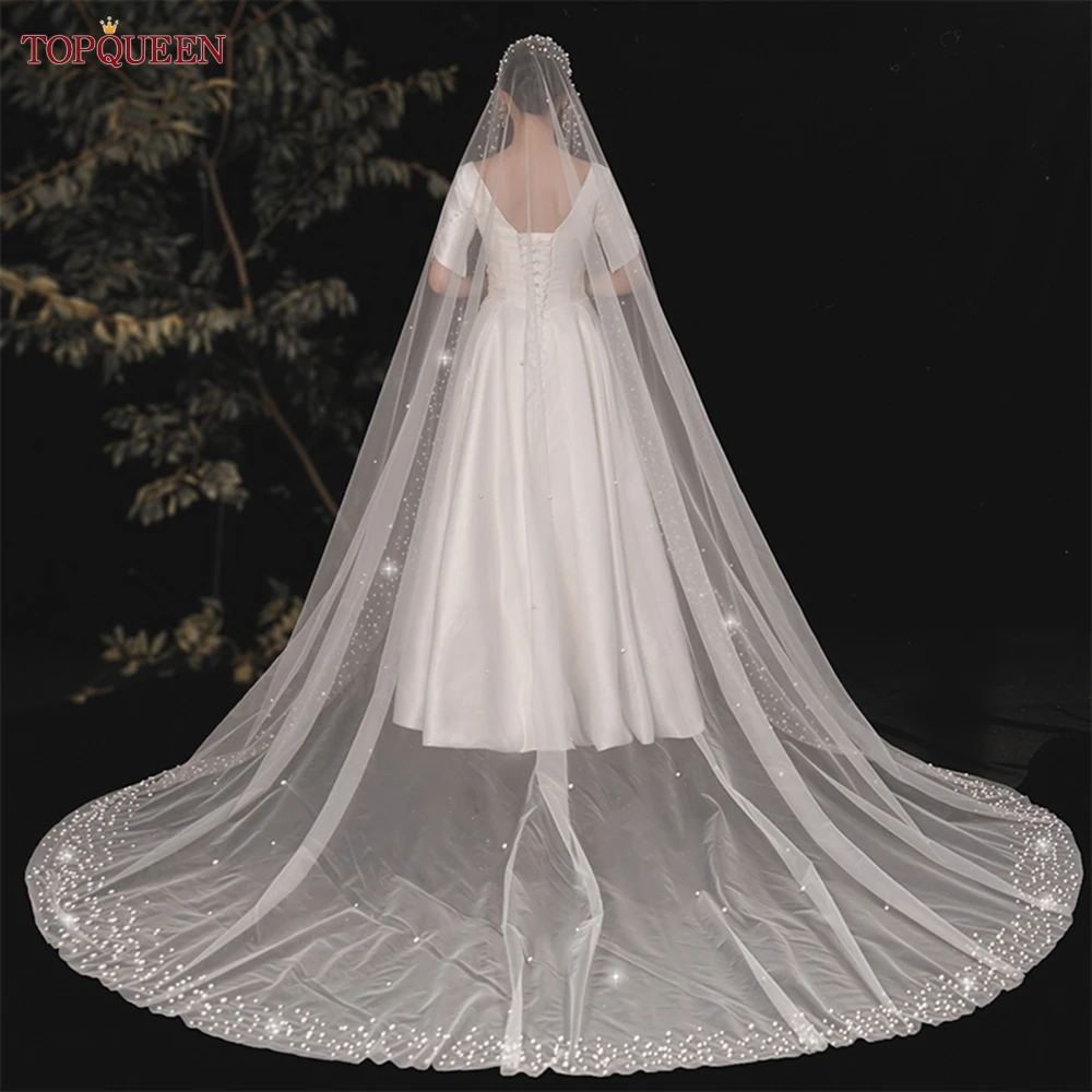 TOPQUEEN V145 Romantic Wedding Veil 3M Bridal Veil Pears Beaded Cathedral Length Veil 1 Tier Veil for the Bride Hair Accessories